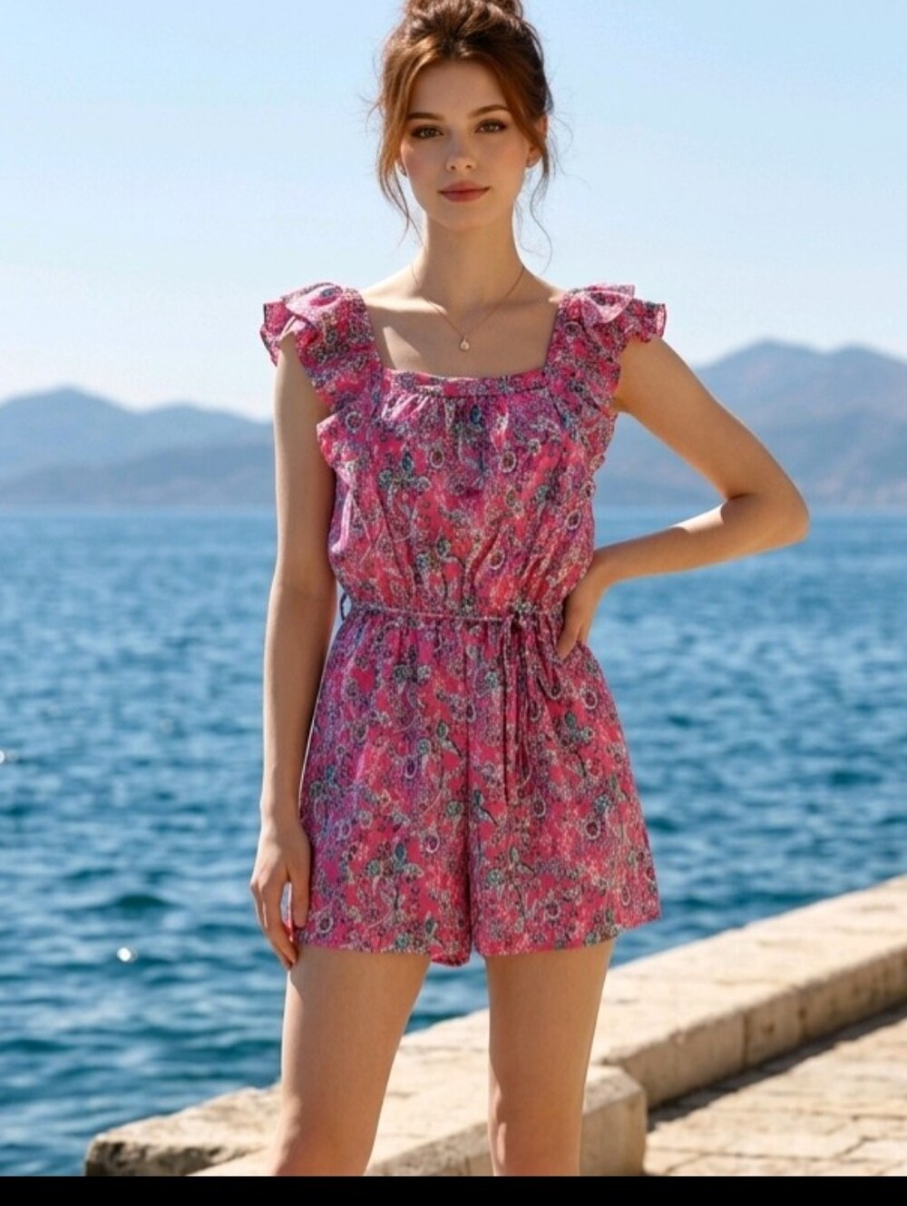 NWT | MEDIUM | Floral Ruffle Romper - Pink with Floral Print